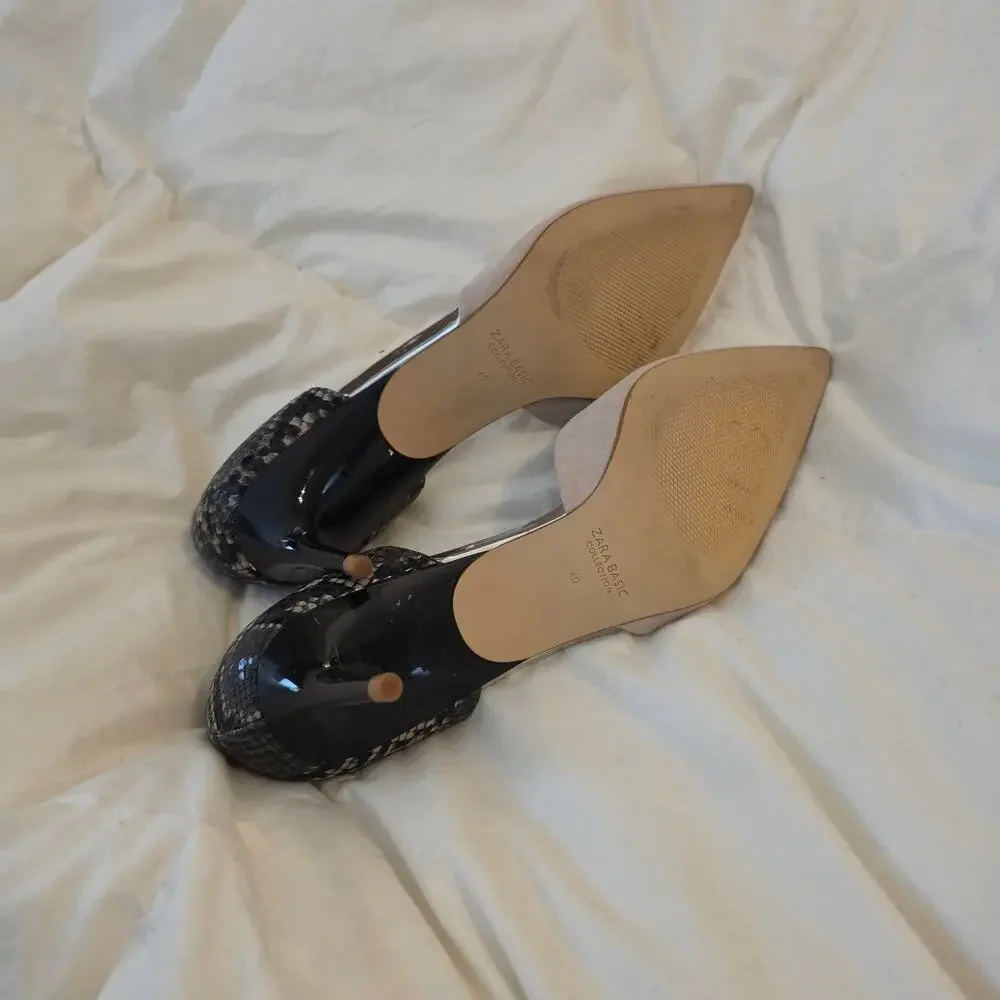 Zara Basic Heels Women’s 40 Snakeskin Pointed Toe D’Orsay Pumps Nude Black